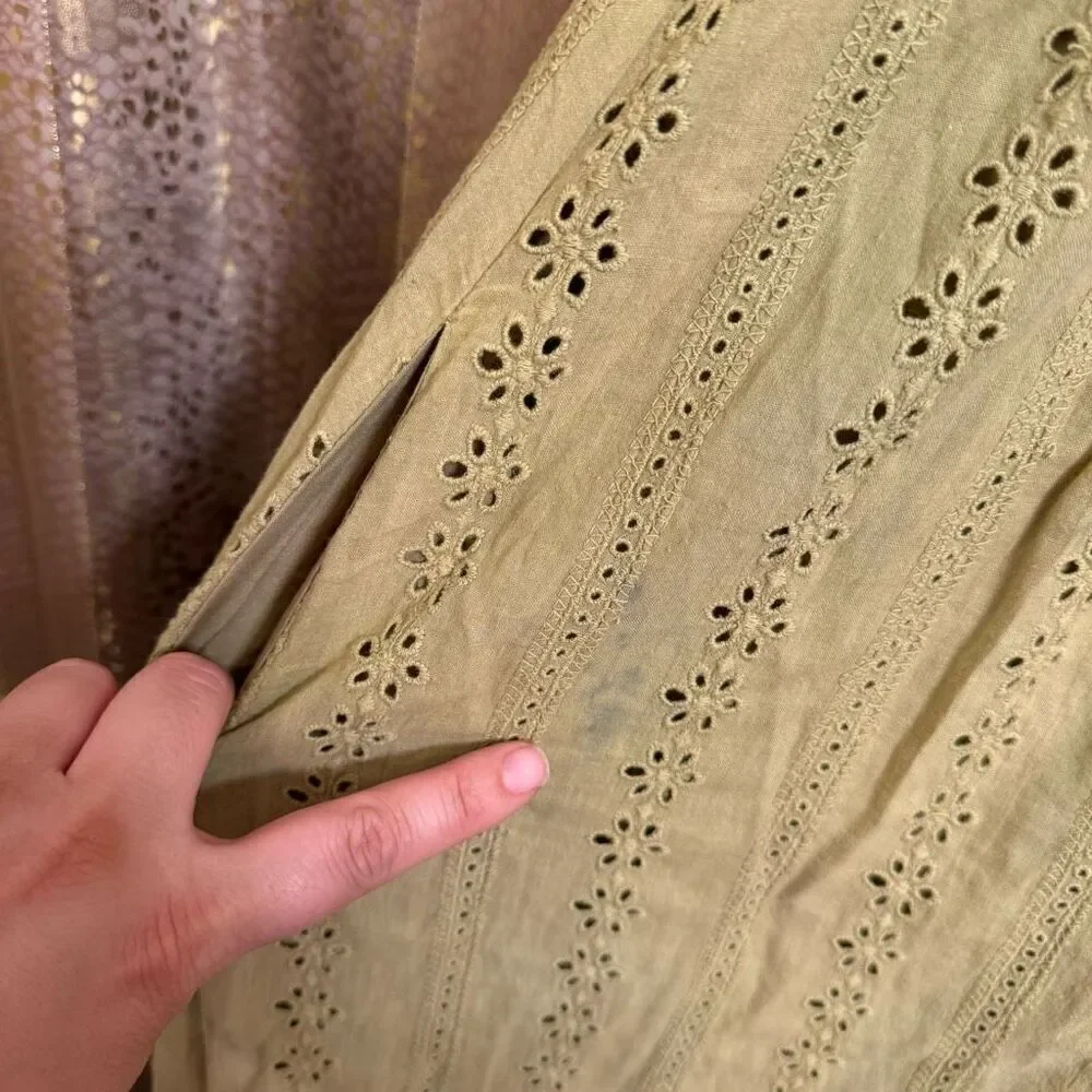 Mahina Hawaii Olive Green Crochet Top Boho Eyelet Maxi Dress Medium - Picture 4 of 9